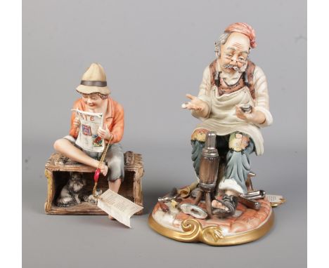 Two Capodimonte ceramic figures to include cobbler and young boy reading 'Arte' newspaper. Both with Certificate of Warranty 