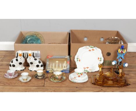 Two boxes of miscellaneous items to include four ceramic cups and saucers; two Richard Klemm for Dresden examples, Murano gla