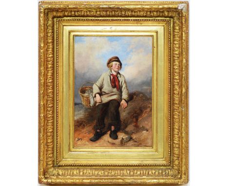 James Hardy (1832-1889) A portrait of a boy holding a basket seated by the shore, signed and dated 1855, oil on millboard, 35