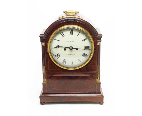 A Regency mahogany mantel clock, the white-painted roman dial inscribed "Robert Roskell, Liverpool", fitted a twin train move