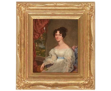 Manner of Sir George Hayter (19th Century) Portrait of a young woman seated by a window, oil on board, 16.5 x 13.8cms, in gil