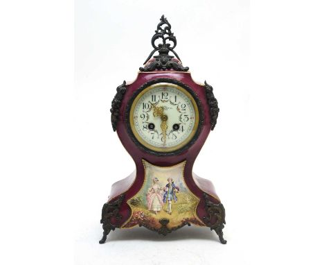 A 19th Century French porcelain mantel clock, exhibited by Straub &amp; Hebting, London, the cream enamel arabic dial with fl