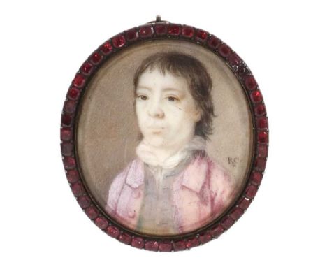 Attributed to Richard Cosway (1742-1821) Miniature bust portrait of a boy wearing a red coat, signed with initials 'R.C.', bo