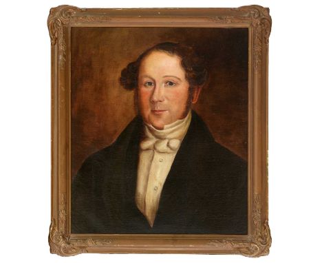 British School A bust portrait of a 19th Century gentleman wearing a dark coat and a white cravat, oil on canvas, 53.5 x 45cm