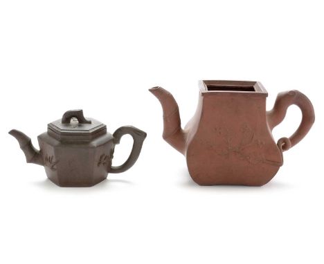 A small Chinese YiXing red stoneware teapot, 18th/19th Century, of hexagonal section with bamboo spout and branch handle and 