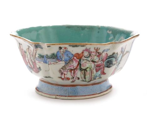 A 19th Century Chinese famille rose bowl of hexagonal tapering form, the exterior painted with a continuous scene of dignitar