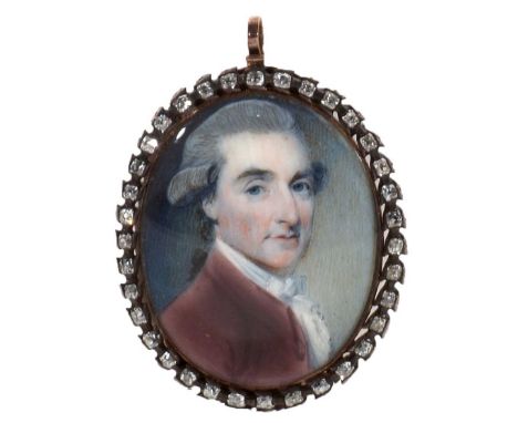 A follower of Richard Cosway (1742-1821) Miniature bust portrait of a gentleman wearing a powdered wig and crimson velvet coa