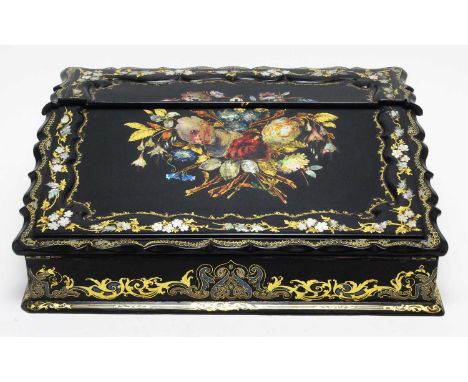 A 19th Century black lacquered writing slope, decorated with mother-of-pearl inlay and painted with a bouquet of roses, with 