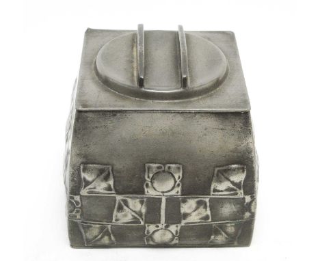 Archibald Knox (1864-1933) for Liberty &amp; Co., London: a pewter 'Tudric' tea caddy and cover, c.1905, of square form with 