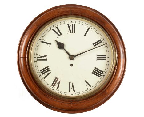 An early 20th Century mahogany wall clock, the 11 1/2 inch white enamel dial with roman hours and fusee movement, contained w