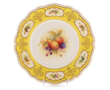 A Royal Worcester fruit-painted dessert plate, (unsigned), decorated with pears, blackberries and plum, within a yellow groun