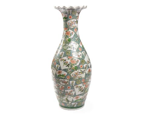 A mid to late 20th Century Oriental floor vase in the Chinese style, decorated in Kangxi famille verte style with fan-shaped 