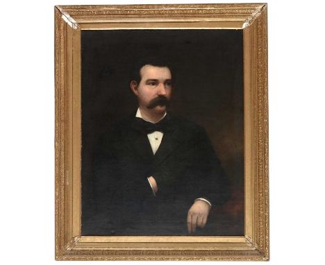 J*** Burns (19th Century) A half-length portrait of a young mustachioed gentleman wearing a black coat and bow tie, signed an