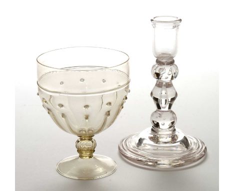 A late 19th/20th Century Venetian glass goblet of deep U-form with blown ribbed knop stem and conical foot, 16cms; and a glas