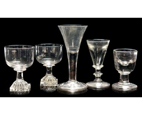 A pair of 19th Century small plain rummers with moulded lemon squeezer bases, 10.5cms; a plain trumpet-shaped wine glass with