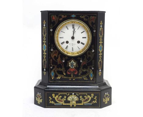 A 19th Century inlaid ebonised mantel clock, by Henry Marc, Paris, the white enamel roman dial fitted eight-day movement, No.