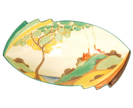 Clarice Cliff - Secrets - A shape 475 fan bowl circa 1933 hand painted with a tree and cottage landscape by an estuary with m