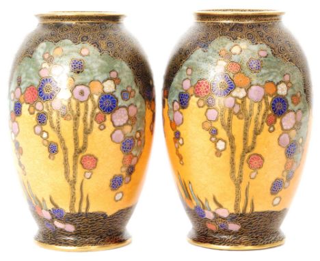 Crown Devon - A pair of 1930s Art Deco vases each of swollen footed form decorated in pattern 2073 (although marked 2074) wit