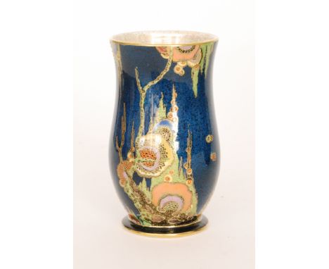 Crown Devon - A 1930s Art Deco vase of waisted, footed form decorated in the 'Fairy Castle' pattern with a turreted castle, s