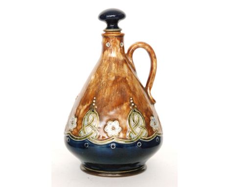 Joan Honey - Royal Doulton - A stoneware flask manufactured for James Burrough Ltd of footed tapered conical form with collar