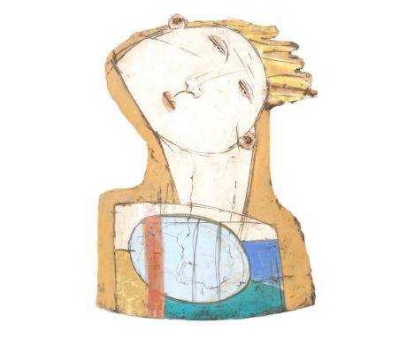 Christy Keeney - Large Head - A large contemporary ceramic slab work bust of a head and shoulders with hand painted finish, i