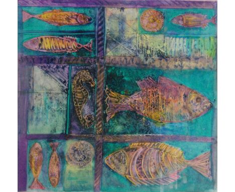 Elizabeth Cousins (Contemporary) - Fish and shells, ink and wax resist drawing, signed, framed.