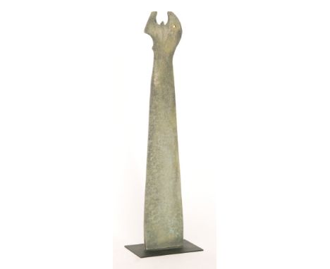 Tom Millard - A contemporary ceramic sculpture of slender column form with an abstract shaped top picked out in a tonal green