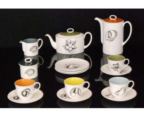 Susie Cooper - Wedgwood - A Black Fruits pattern set comprising coffee pot, teapot, milk jug, sugar bowl and four cups, sauce