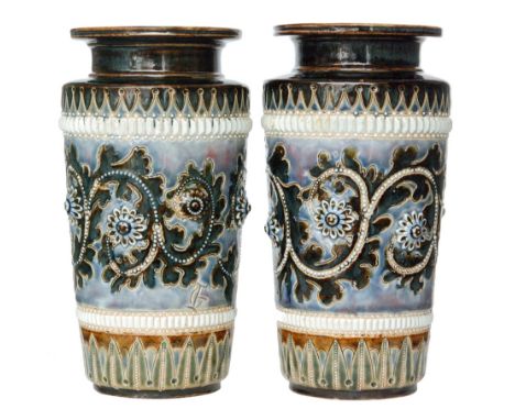 George Tinworth - Doulton Lambeth - A pair of vases of tapering cylindrical form with flared collar necks, each decorated wit