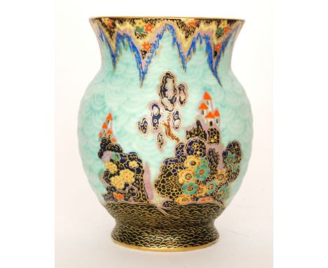 Crown Devon - A 1930s Art Deco vase decorated in the Mattajade 'Fairy Castle' pattern with a turreted castle, stylised traili