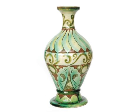 Lizzie Wilkins - Della Robbia - An early 20th Century vase of footed form decorated with incised bands of pattern, all in ton