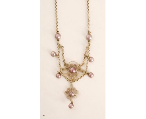 Marius Hammer - An Art Nouveau Norwegian silver gilt and enamel filigree fringe necklet, central scrolling wirework frames de