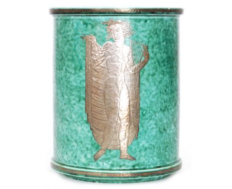 Wilhelm Kage - Gustavsberg - A 1930s Art Deco Argenta Ware cylinder vase decorated with an applied silver portrait of a nude 