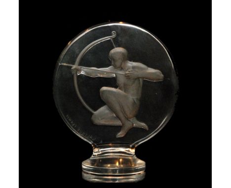 Rene Lalique - A car mascot of circular disc shaped form titled Archer, intaglio moulded with the kneeling naked figure of ma