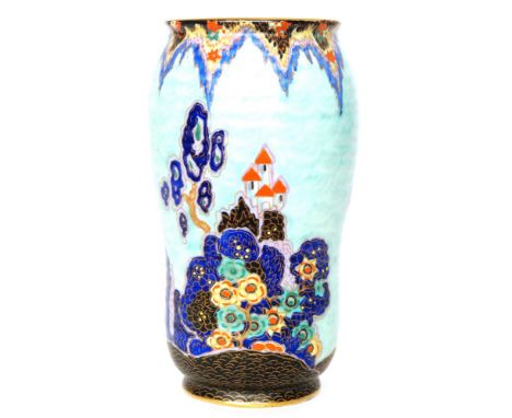 Crown Devon - A 1930s Art Deco vase decorated in the Mattajade 'Fairy Castle' pattern with a turreted castle, stylised traili