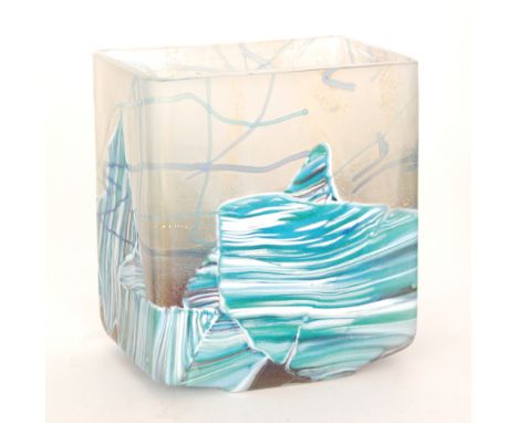 Michael Harris - Isle of Wight - A later 20th Century Seascape glass vase of footed rectangular form, decorated with veined b