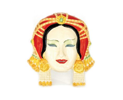 Clarice Cliff - Chahar - A face mask modelled as an Oriental lady wearing an ornate headdress picked out in enamel colours, B