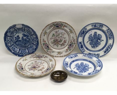 A collection of ceramic plates including Spode and Ridgway and a small yellow printed brown ware plate