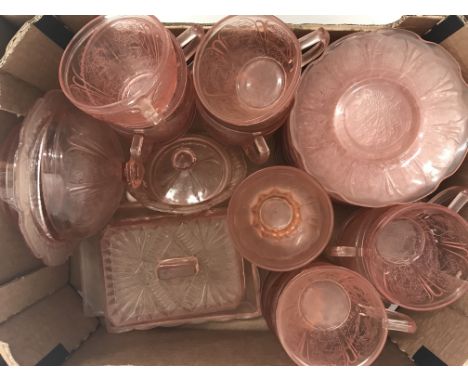 A collection of art deco style rose glass ware cups saucers dishes
