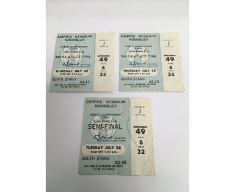 Three 1966 World Cup tickets comprising two 3rd & 4th place final tickets plus semi final ticket for Tuesday July 26th (tear 