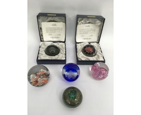 Six Caithness paperweights including boxed ‘Fire’ and ‘Earth’ examples designed by Peter Holmes, and a Silver Jubilee example