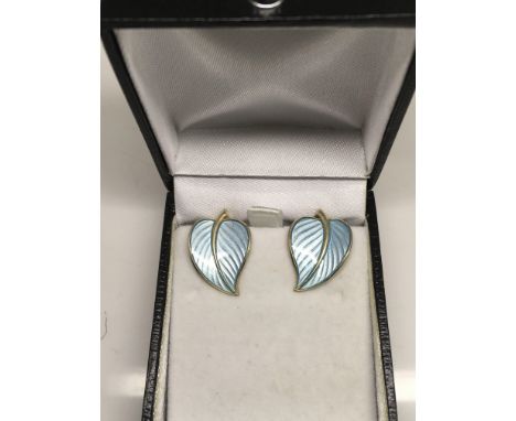 A pair of Scandinavian blue enamel leaf clip earrings, boxed