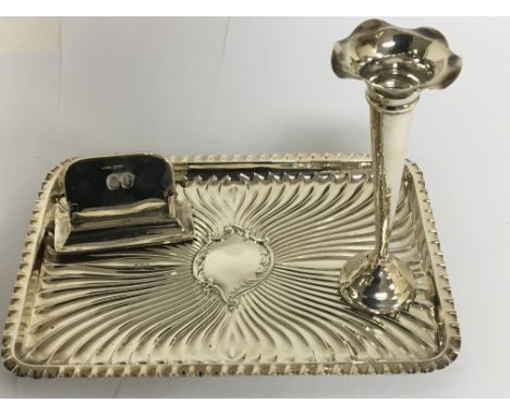 A silver tray with flutted and scroll decoration Sheffield 1898 hallmarks, weight 255g with a silver desk calendar and a silv