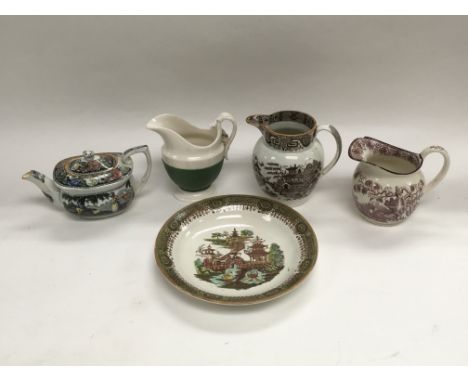 A collection of ceramics comprising a Davenport jug, a stoneware jug - possibly Elijah Mayer, a chinoiserie jug, a small teap