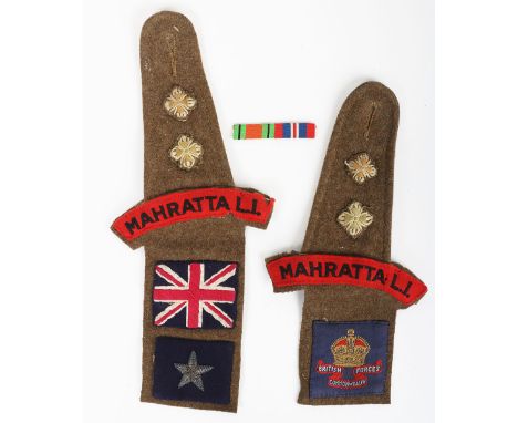 WW2 Mahratta L.I. Officers Cut off Badges: Shoulder boards and badges cut from Battle Dress Blouse to include titles, pips an