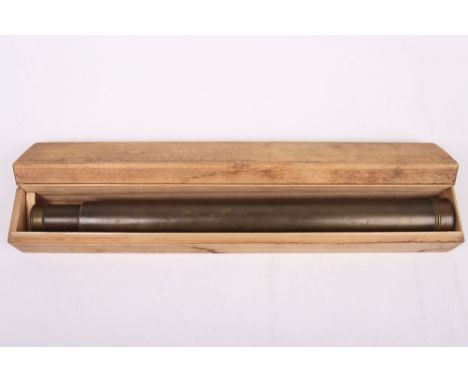 Brass Telescope: Telescopic military type brass scope with brass lens cover, no markings, good optics, housed in wood box.