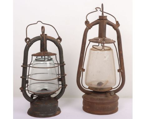 Vintage Lanterns/Lamps: Large French lantern with original DRGM mark glass and one German made military paint finish with gla