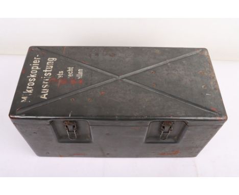 WW2 German Microscope: Large military metal tin with stencilled details to top with microscope inside, carry handle to top. 
