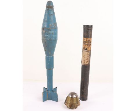 Inert Practice Rifle Grenade: Inert blue painted rifle grenade with stencilled details to front, gun cotton tin and fuse head