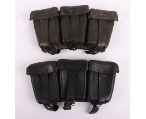 WW2 German Army K98 Ammunition Pouches: Black leather pouch with alloy D-ring and metal work, stamped with maker and date 193